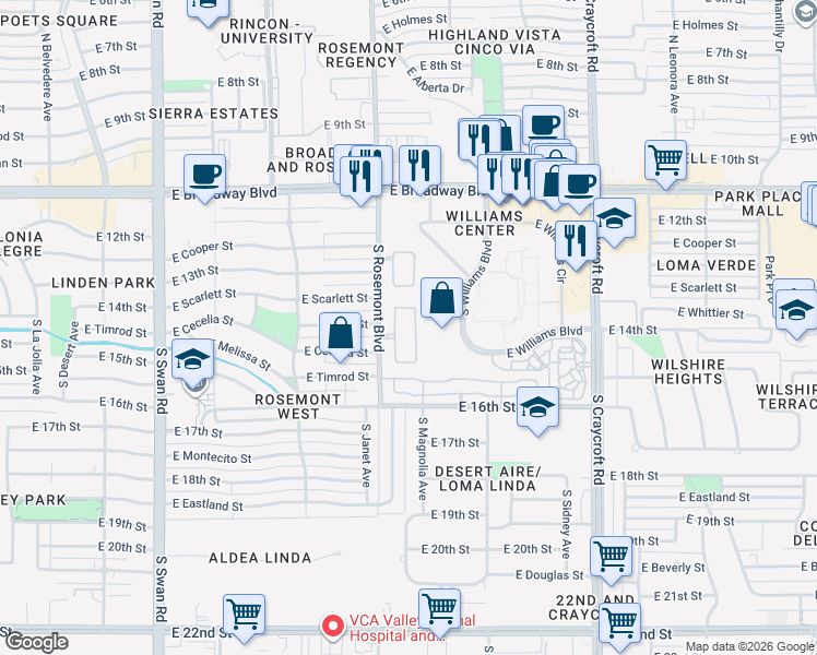 map of restaurants, bars, coffee shops, grocery stores, and more near 353 South Vía De Los Campos in Tucson