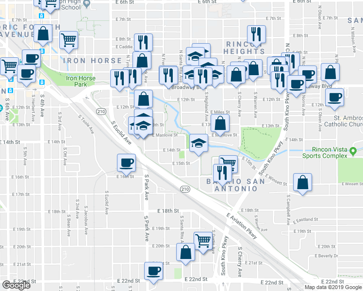 map of restaurants, bars, coffee shops, grocery stores, and more near 1235 East 14th Street in Tucson