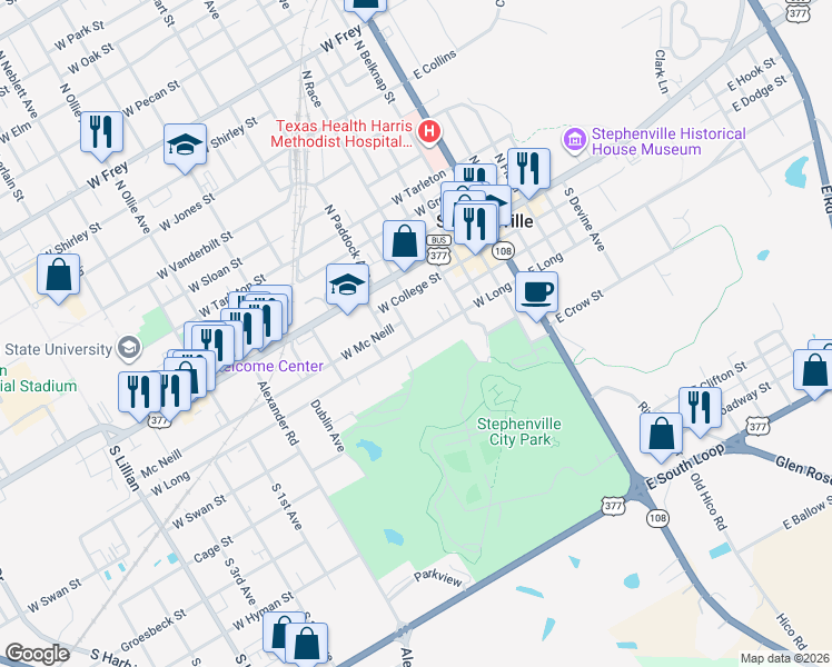 map of restaurants, bars, coffee shops, grocery stores, and more near 685 West Long in Stephenville