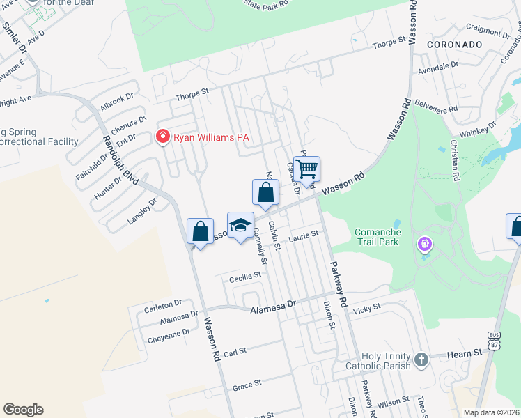 map of restaurants, bars, coffee shops, grocery stores, and more near 1900 Wasson Road in Big Spring
