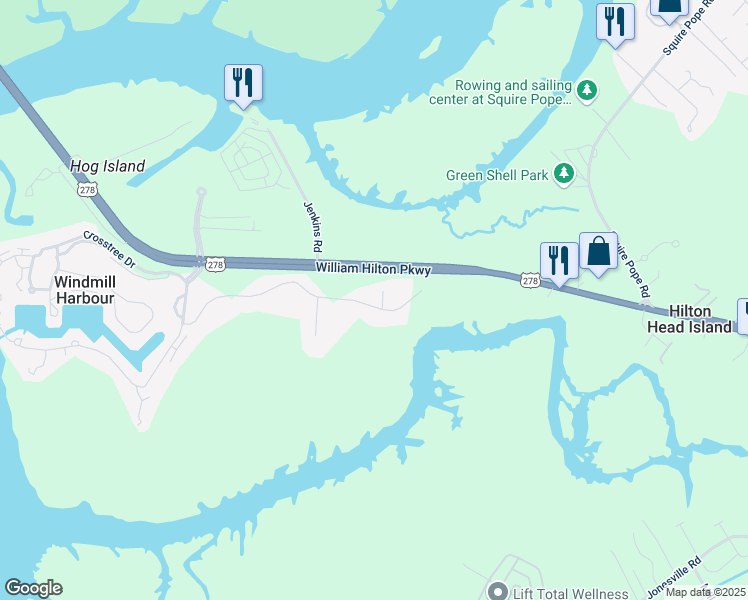 map of restaurants, bars, coffee shops, grocery stores, and more near 1 Fantail Lane in Hilton Head Island