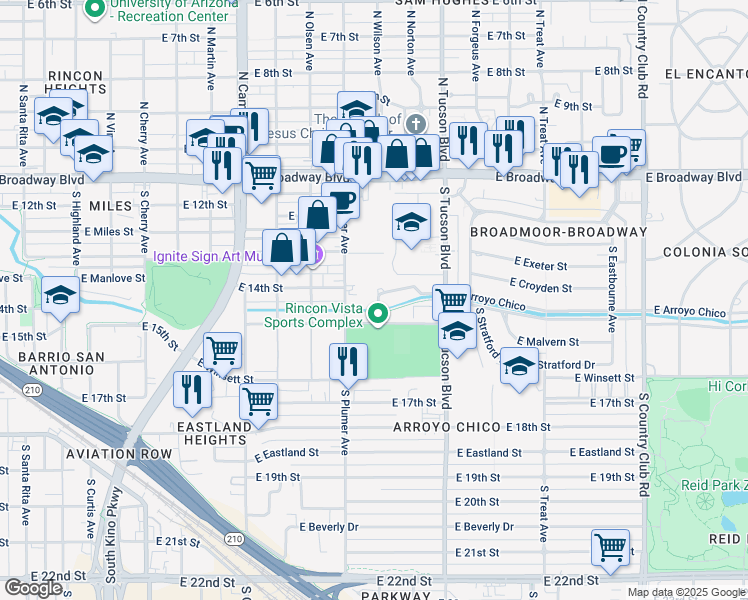map of restaurants, bars, coffee shops, grocery stores, and more near 2229 East Parkway Terrace in Tucson