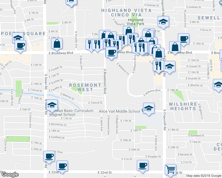 map of restaurants, bars, coffee shops, grocery stores, and more near 353 South Vía De Los Campos in Tucson
