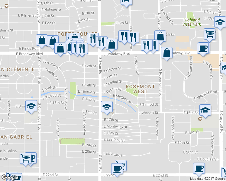 map of restaurants, bars, coffee shops, grocery stores, and more near 4738 East Cecelia Street in Tucson