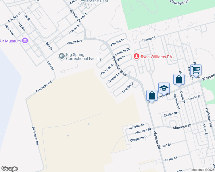 map of restaurants, bars, coffee shops, grocery stores, and more near 2597 Hunter Drive in Big Spring