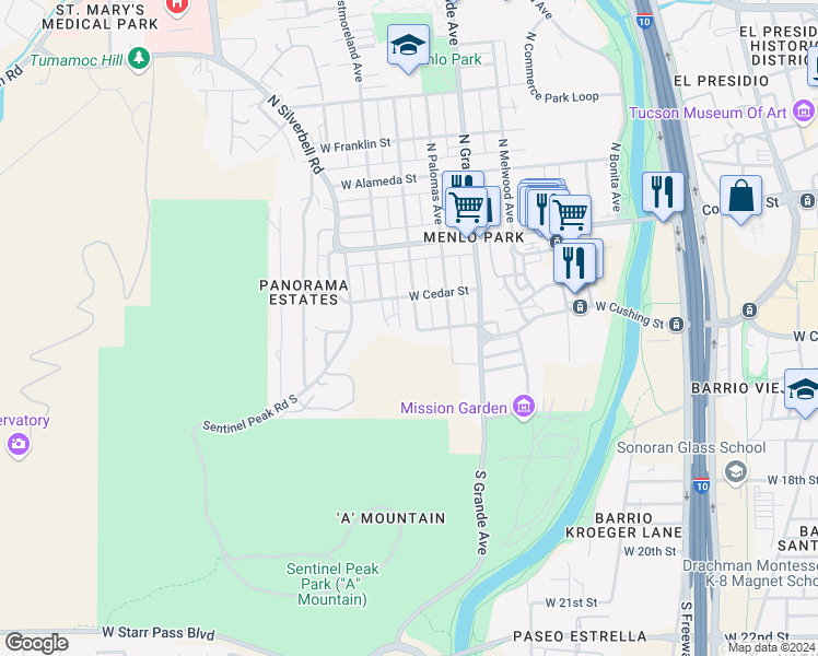 map of restaurants, bars, coffee shops, grocery stores, and more near 132 South Melrose Avenue in Tucson