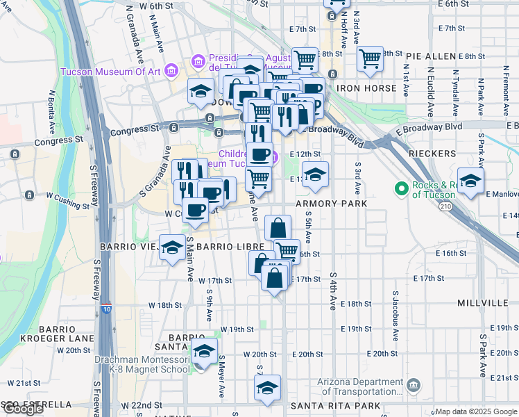 map of restaurants, bars, coffee shops, grocery stores, and more near 345 South Stone Avenue in Tucson