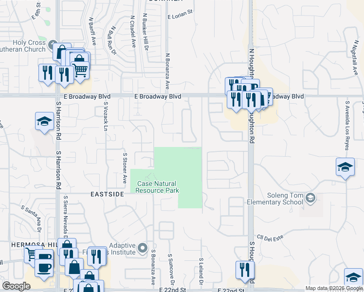 map of restaurants, bars, coffee shops, grocery stores, and more near 279 South Sewell Place in Tucson