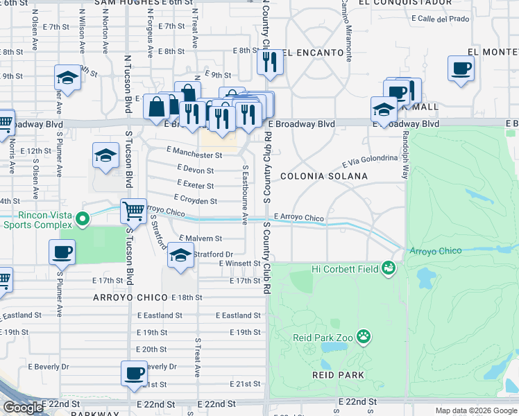 map of restaurants, bars, coffee shops, grocery stores, and more near 435 South Country Club Road in Tucson