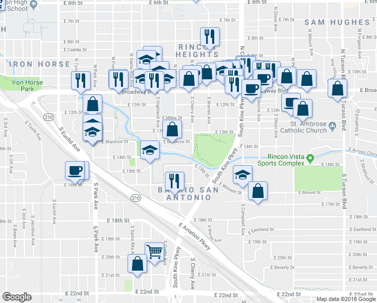 map of restaurants, bars, coffee shops, grocery stores, and more near 512 South Cherry Avenue in Tucson