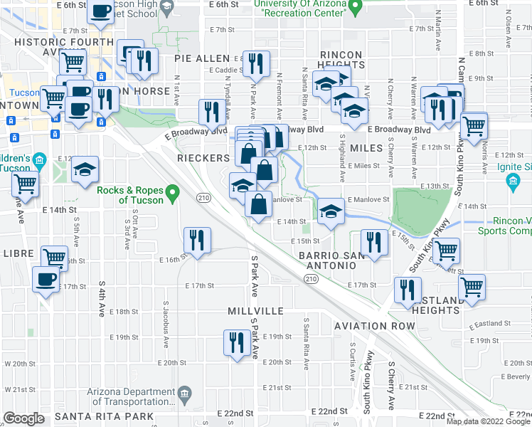map of restaurants, bars, coffee shops, grocery stores, and more near 435 South Fremont Avenue in Tucson