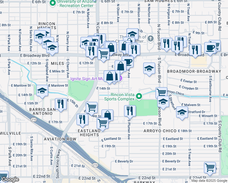 map of restaurants, bars, coffee shops, grocery stores, and more near 2040 E 14th St in Tucson