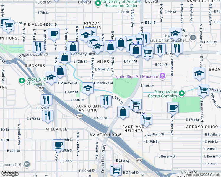 map of restaurants, bars, coffee shops, grocery stores, and more near 528 South Cherry Avenue in Tucson