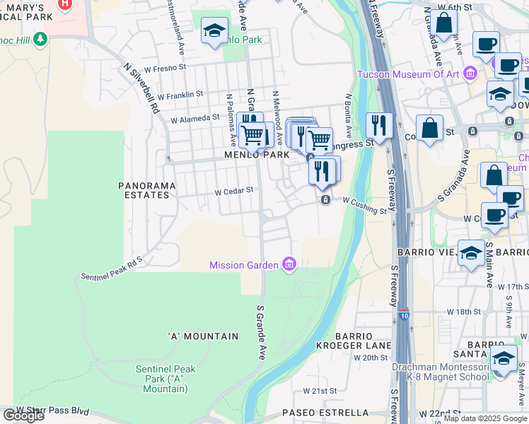 map of restaurants, bars, coffee shops, grocery stores, and more near 149 South Grande Avenue in Tucson