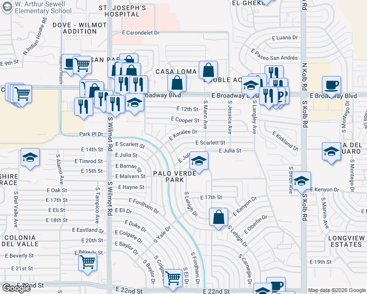 map of restaurants, bars, coffee shops, grocery stores, and more near 6612 East Scarlett Street in Tucson