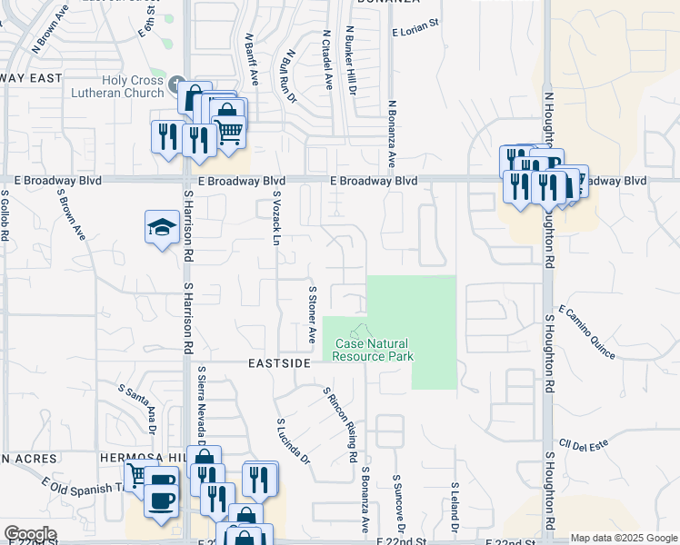 map of restaurants, bars, coffee shops, grocery stores, and more near 9840 Amarosa in Tucson