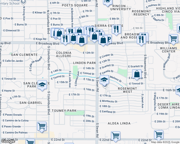 map of restaurants, bars, coffee shops, grocery stores, and more near 4625 East Timrod Street in Tucson