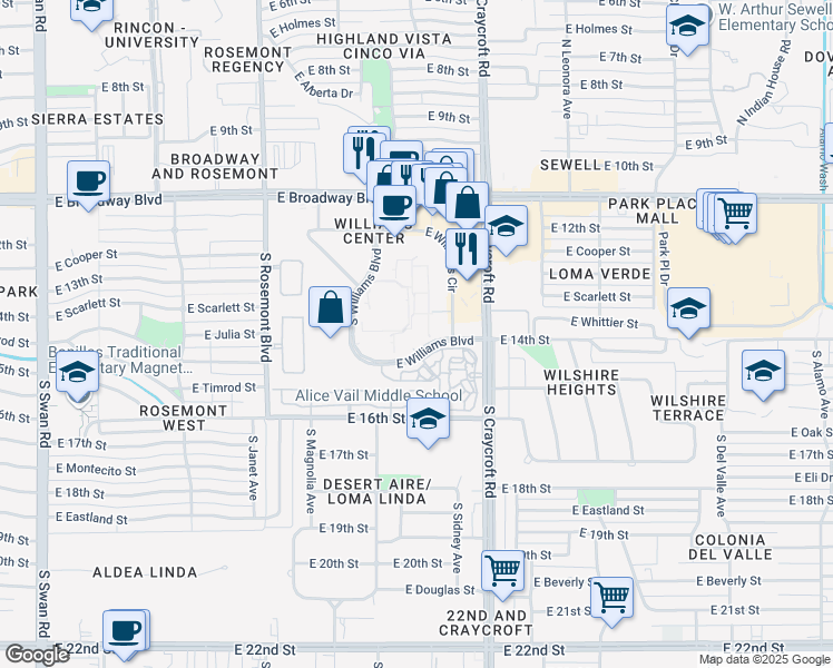 map of restaurants, bars, coffee shops, grocery stores, and more near 5411 East Williams Boulevard in Tucson