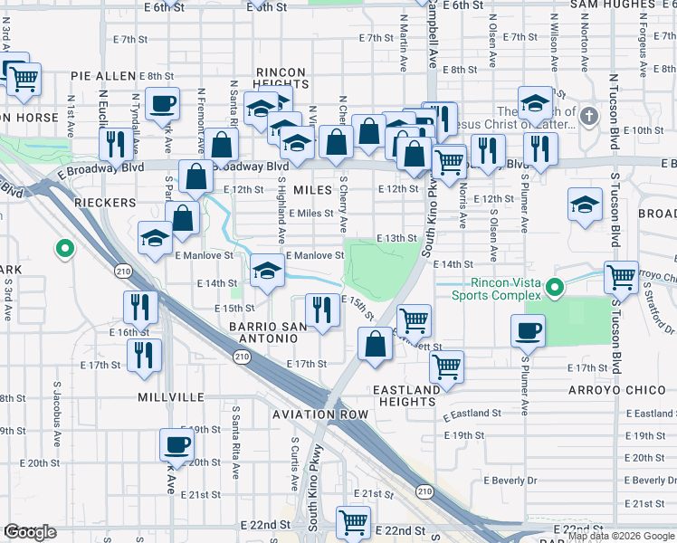 map of restaurants, bars, coffee shops, grocery stores, and more near 528 South Cherry Avenue in Tucson