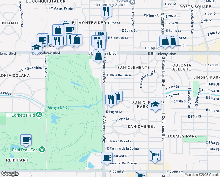map of restaurants, bars, coffee shops, grocery stores, and more near 8 7th Street in Tucson