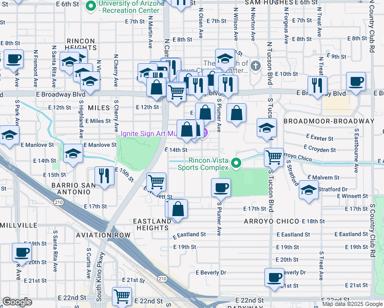 map of restaurants, bars, coffee shops, grocery stores, and more near 2040 East 14th Street in Tucson