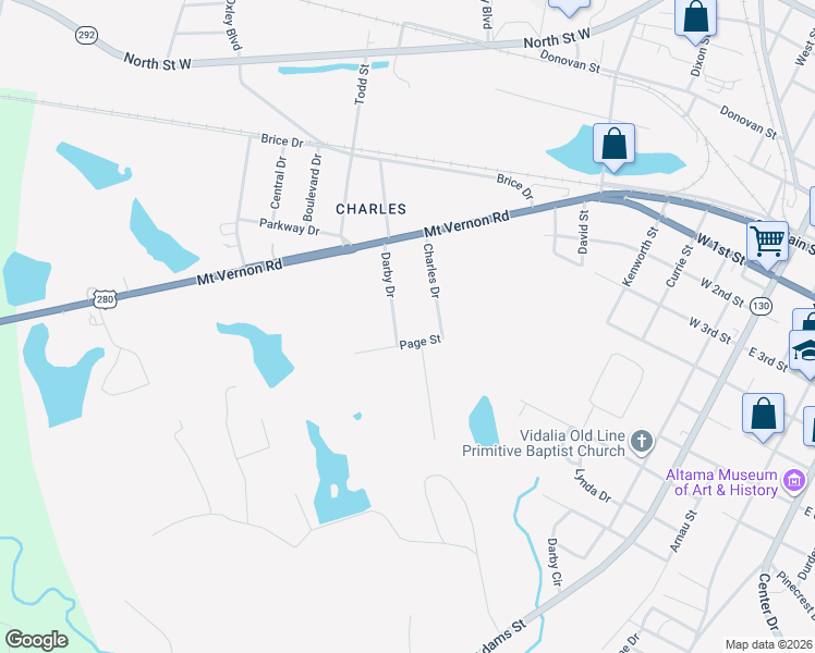 map of restaurants, bars, coffee shops, grocery stores, and more near 418 Darby Drive in Vidalia