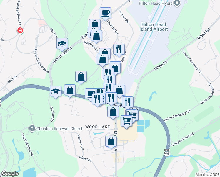 map of restaurants, bars, coffee shops, grocery stores, and more near 55 Mathews Drive in Hilton Head Island