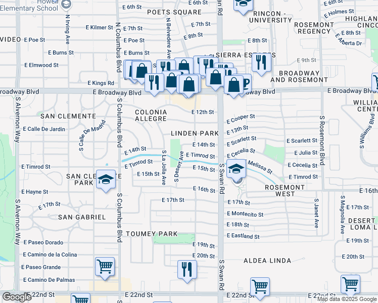 map of restaurants, bars, coffee shops, grocery stores, and more near 4547 East Timrod Street in Tucson