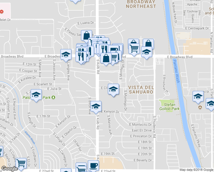 map of restaurants, bars, coffee shops, grocery stores, and more near 7127 E Calle Arturo in Tucson