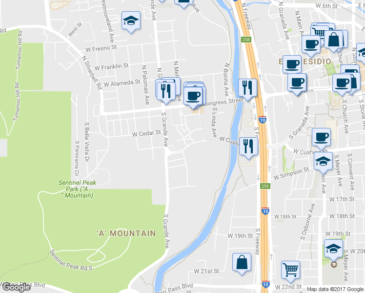 map of restaurants, bars, coffee shops, grocery stores, and more near 914 West Cushing Street in Tucson