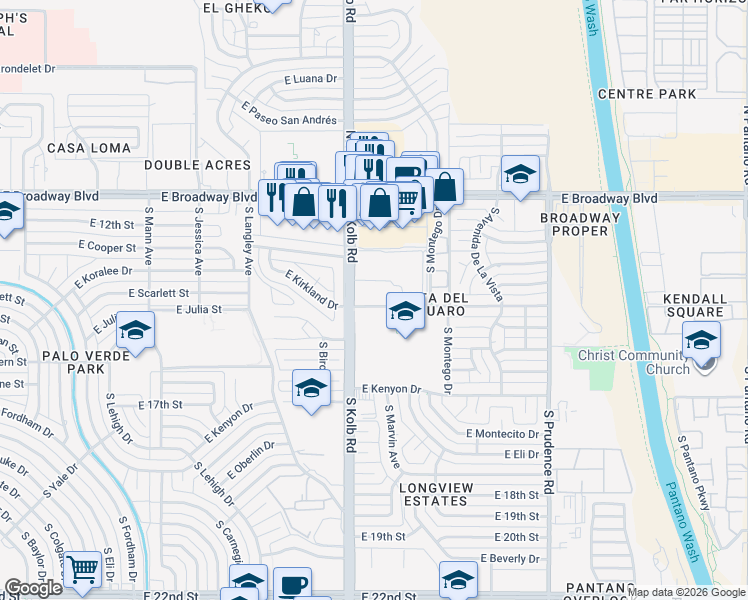 map of restaurants, bars, coffee shops, grocery stores, and more near 7127 East Calle Arturo in Tucson