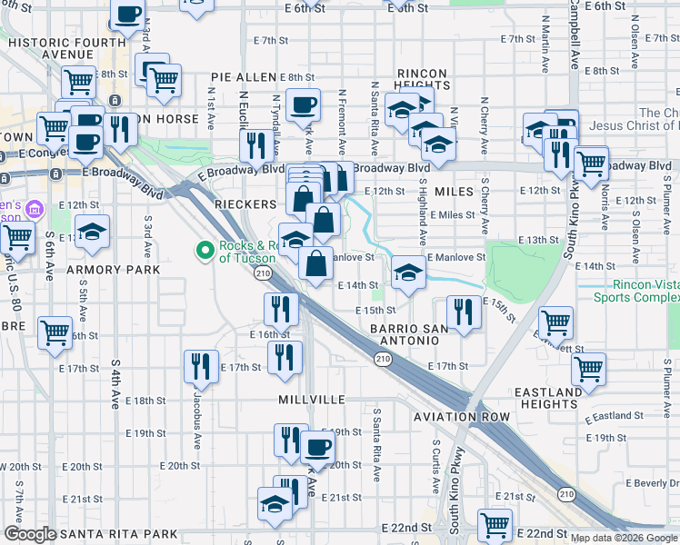 map of restaurants, bars, coffee shops, grocery stores, and more near 435 South Fremont Avenue in Tucson