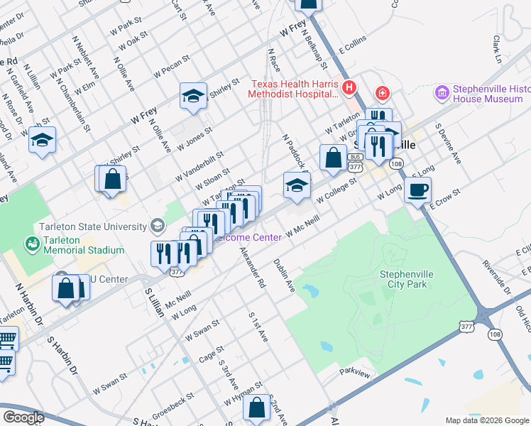 map of restaurants, bars, coffee shops, grocery stores, and more near 931 West Washington Street in Stephenville