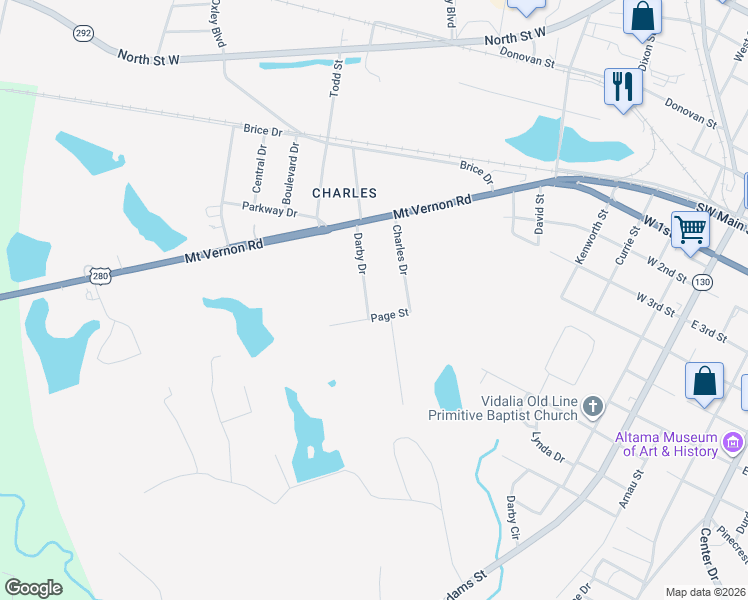 map of restaurants, bars, coffee shops, grocery stores, and more near 418 Darby Drive in Vidalia
