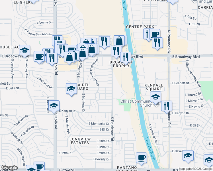 map of restaurants, bars, coffee shops, grocery stores, and more near 7417 East Calle Arturo in Tucson
