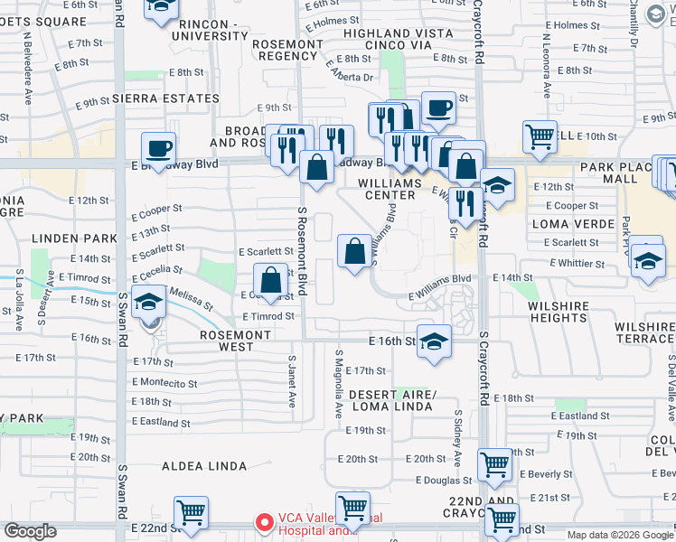 map of restaurants, bars, coffee shops, grocery stores, and more near 350 South Williams Boulevard in Tucson