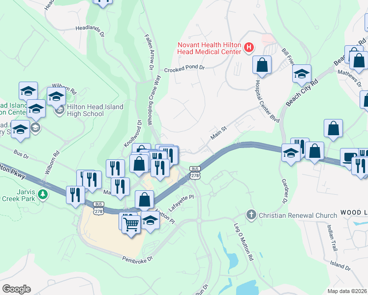 map of restaurants, bars, coffee shops, grocery stores, and more near 92 Main Street in Hilton Head Island