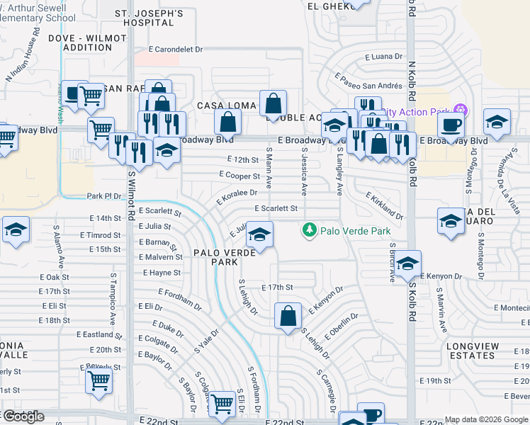 map of restaurants, bars, coffee shops, grocery stores, and more near 6668 East Scarlett Street in Tucson