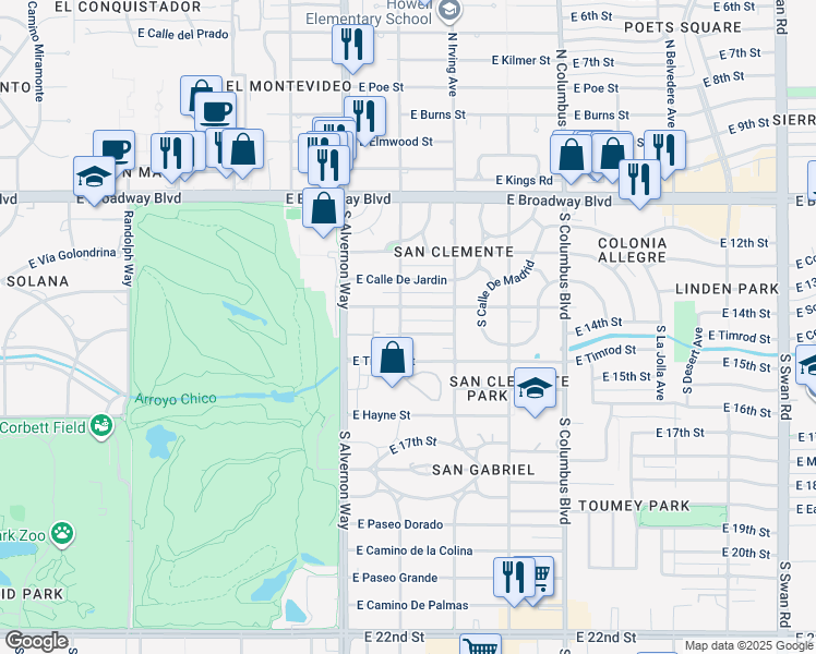map of restaurants, bars, coffee shops, grocery stores, and more near 4001 East Calle Chica in Tucson