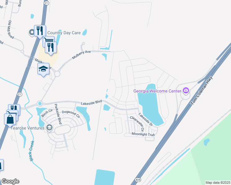 map of restaurants, bars, coffee shops, grocery stores, and more near 309 Lakeside Boulevard in Savannah