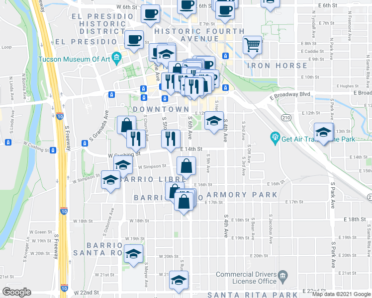 map of restaurants, bars, coffee shops, grocery stores, and more near 91 East 14th Street in Tucson