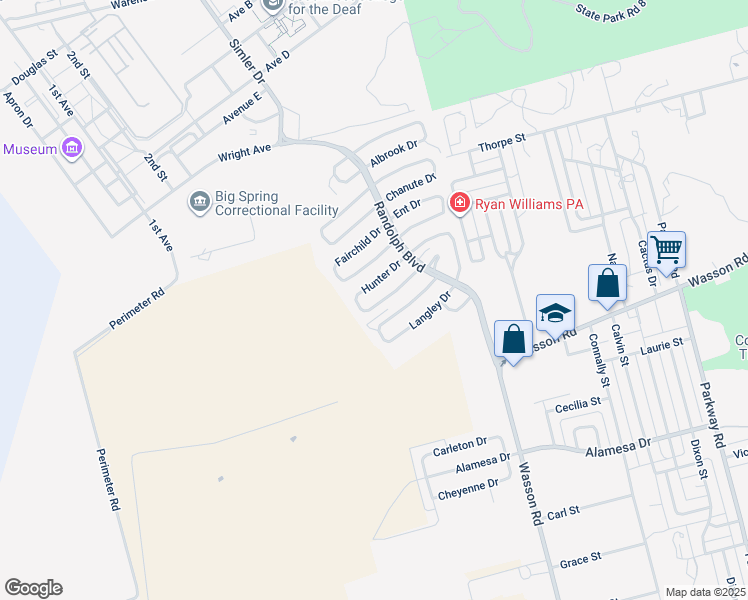 map of restaurants, bars, coffee shops, grocery stores, and more near 2597-2607 Hunter Drive in Big Spring