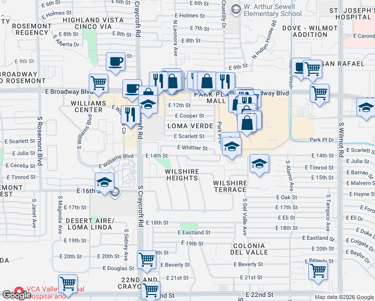 map of restaurants, bars, coffee shops, grocery stores, and more near 5672 East Whittier Street in Tucson