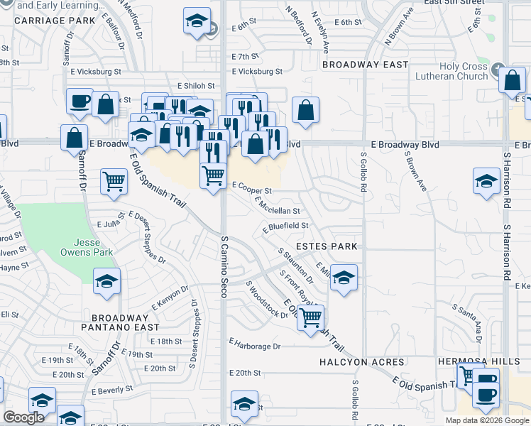 map of restaurants, bars, coffee shops, grocery stores, and more near in Tucson