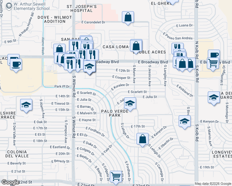 map of restaurants, bars, coffee shops, grocery stores, and more near 6612 East Scarlett Street in Tucson