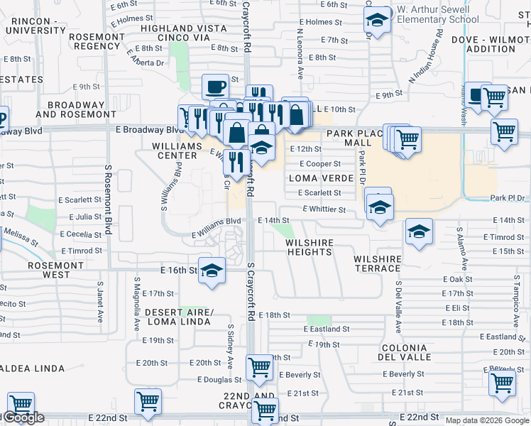 map of restaurants, bars, coffee shops, grocery stores, and more near 600 South Treston Lane in Tucson