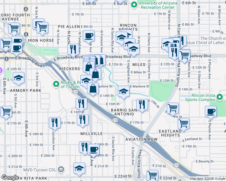 map of restaurants, bars, coffee shops, grocery stores, and more near 1235 East 14th Street in Tucson