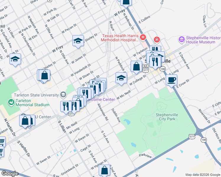 map of restaurants, bars, coffee shops, grocery stores, and more near 931 West Washington Street in Stephenville