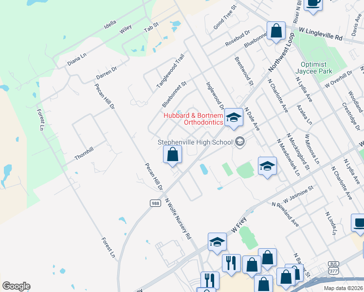 map of restaurants, bars, coffee shops, grocery stores, and more near Dogwood Drive in Stephenville