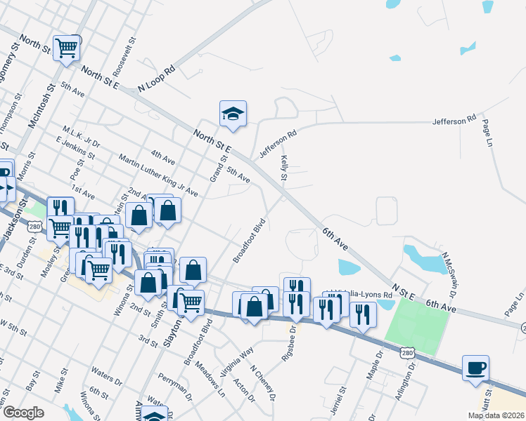 map of restaurants, bars, coffee shops, grocery stores, and more near 1109 5th Avenue in Vidalia